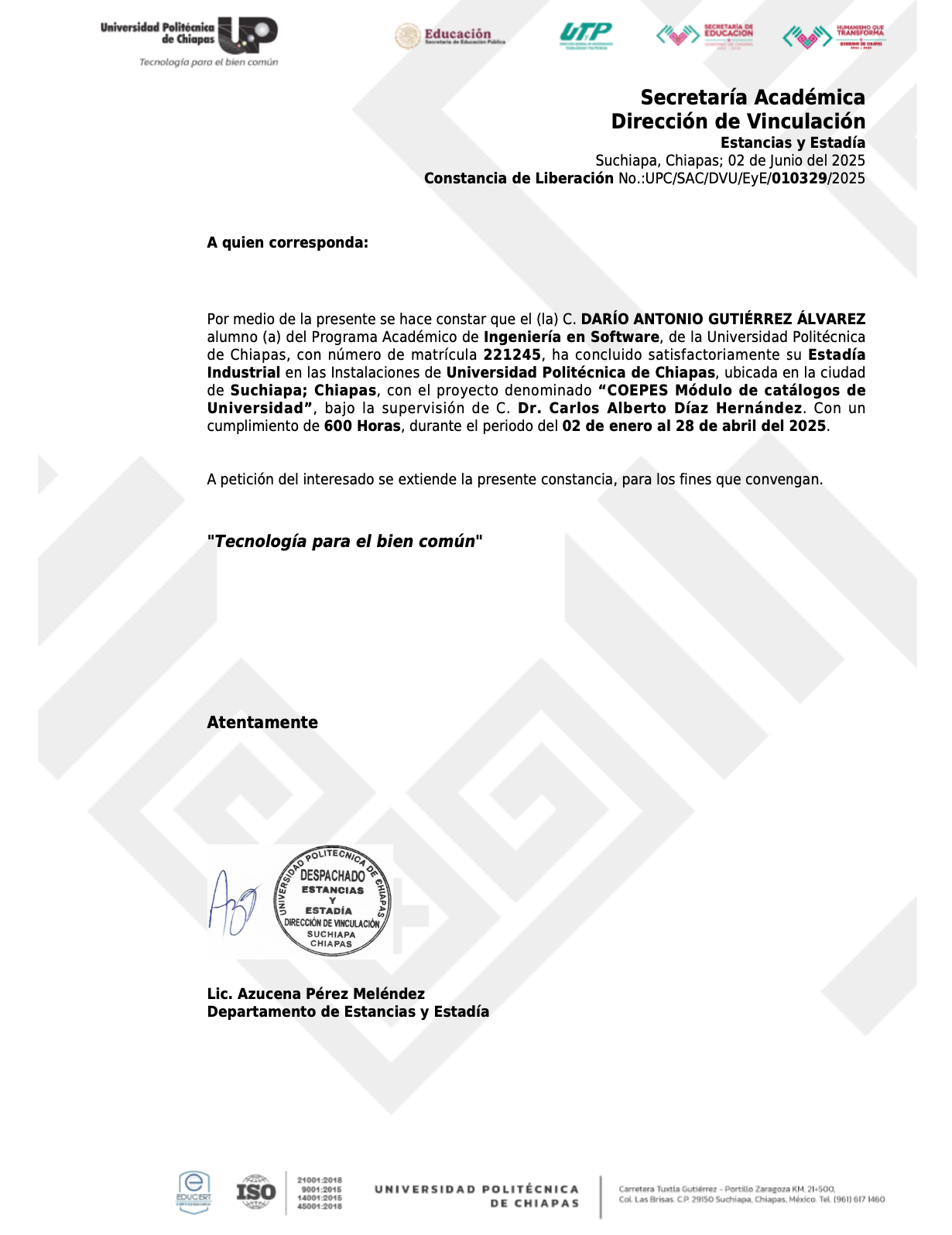 Letter of Release of Internship