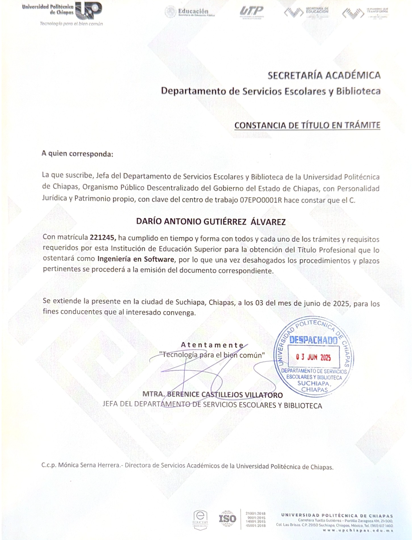 Certificate of Title in Progress - UP Chiapas