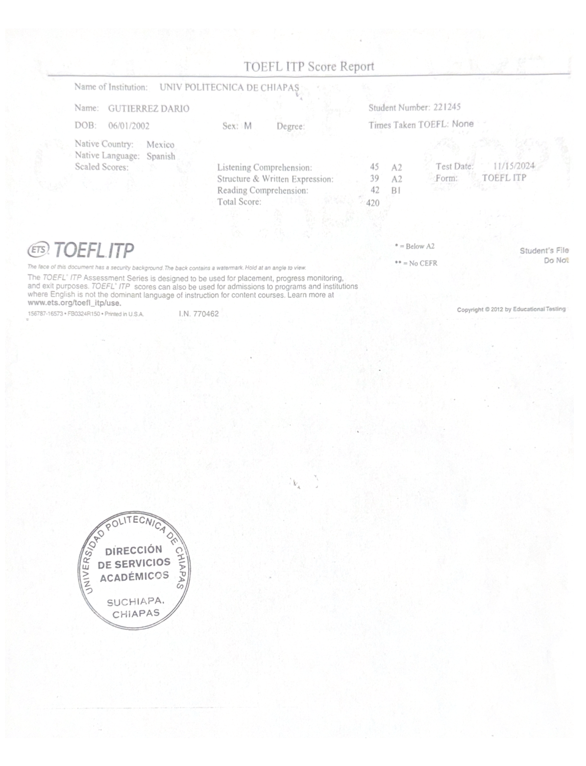 Certificate of TOEFL ITP - UP Chiapas